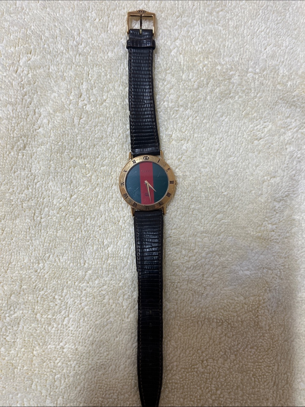 Gucci Gold-Tone Watch with Green and Red Stripe Dial - Picture 2 of 4